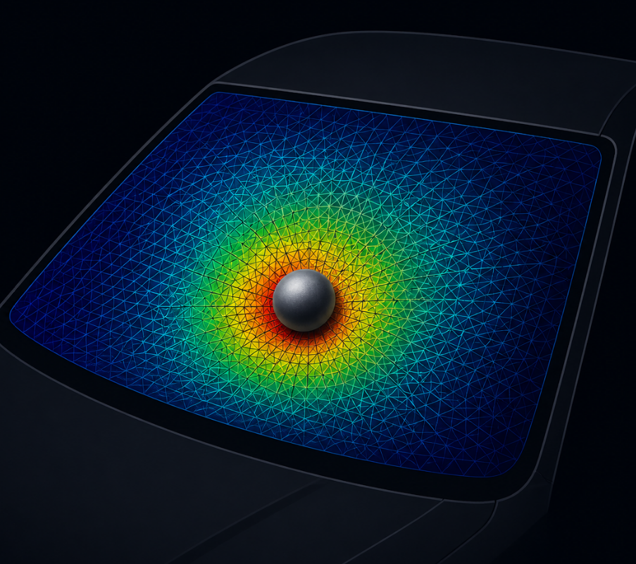 Explicit FEA stress contour — windshield impact with steel ball impactor